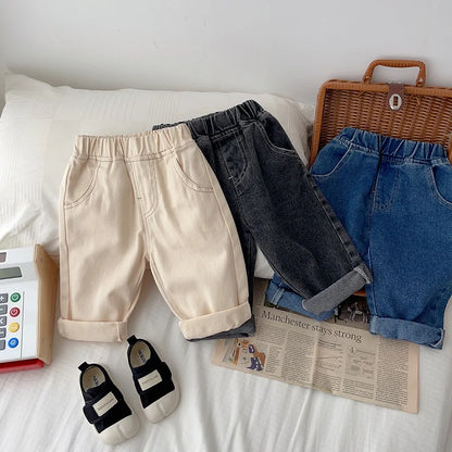 Full length unisex kids solid denim jeans, straight leg, elastic waist, comfy casual pants