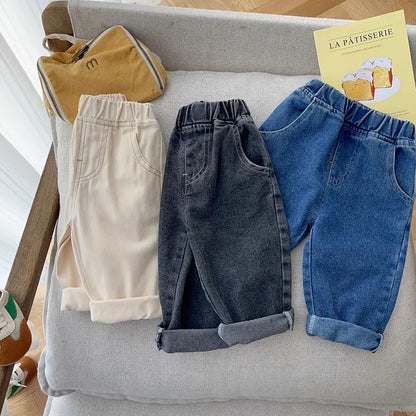 Unisex kids solid denim jeans with rolled cuffs, soft cotton, trendy toddler fashion