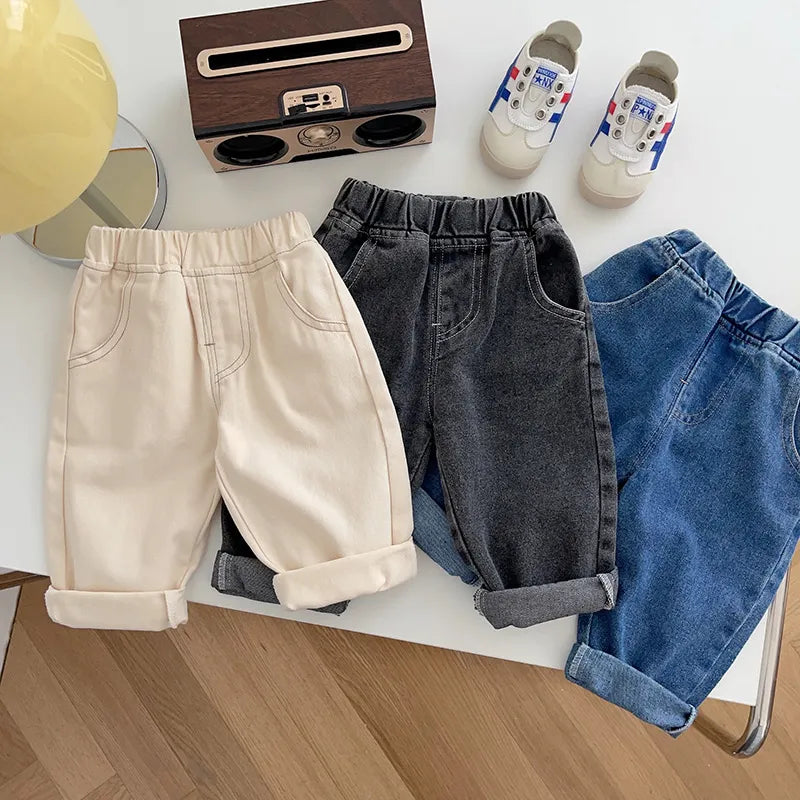 Unisex children's solid denim jeans, comfortable fit for active kids, durable and soft