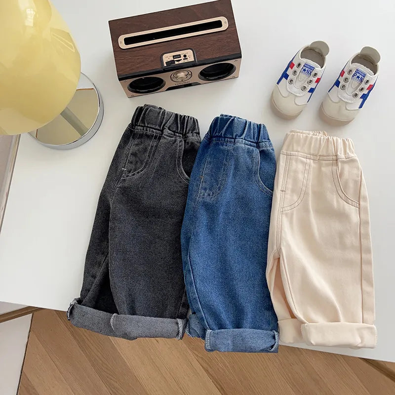Unisex kids solid denim jeans, essential casual wear for toddlers, easy care cotton
