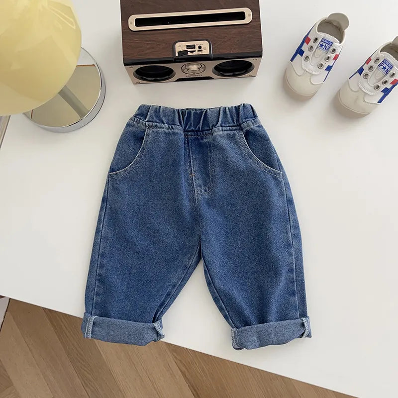 Unisex baby solid denim jeans, elastic waist for easy diaper changes, cozy toddler pants