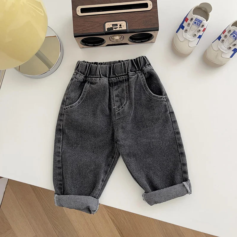 Casual unisex kids solid denim jeans, light wash, easy pull-on style, durable cotton