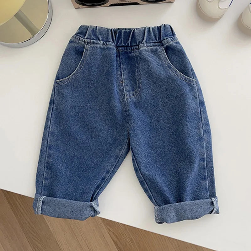 Solid grey unisex kids denim jeans, soft cotton casual pants, suitable for boys and girls