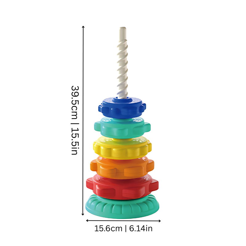 Toddler spinning tower educational toy featuring colorful stacking rings, ideal for problem-solving & baby gift