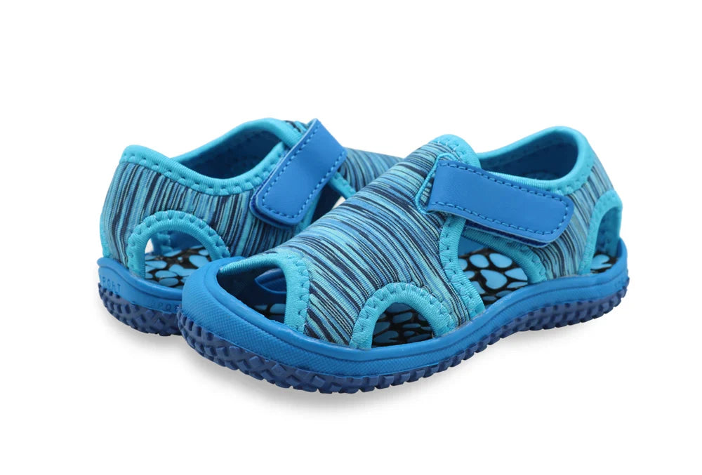 Kids' adjustable strap sandals, dark blue with contrasting stitches, for a customized fit