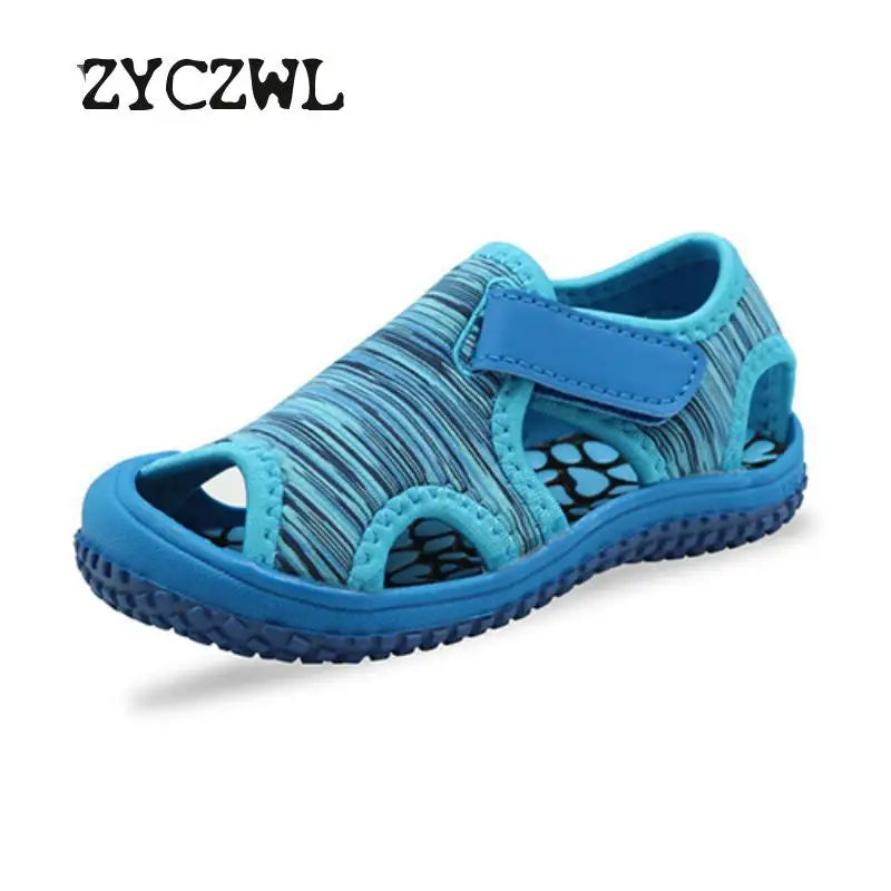 Childrens' beach footwear, blue and grey sport sandals, durable rubber sole for active kids