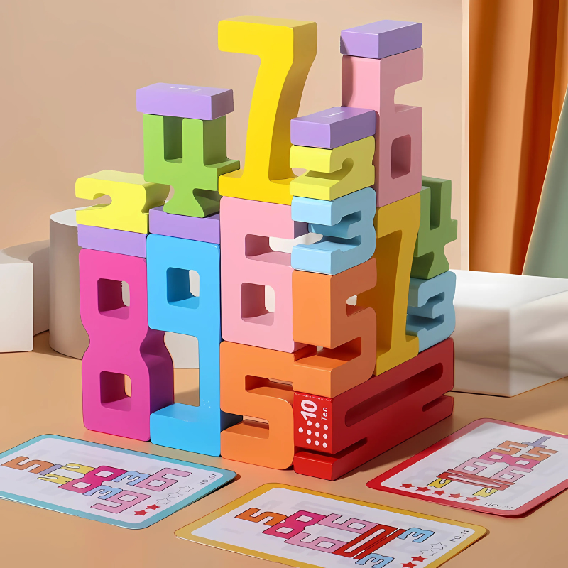 Unisex kids stacking blocks with colorful numbers, perfect for math learning & cognitive development.