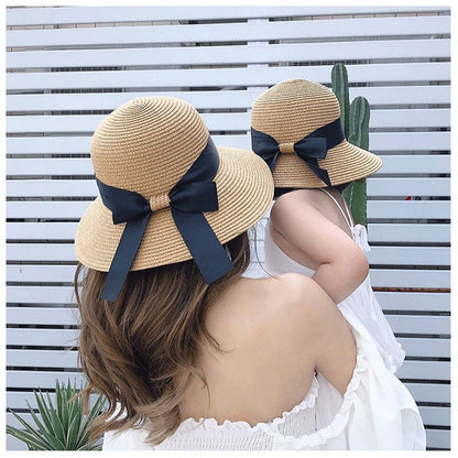 Unisex kids straw hat set, beige, for summer beach wear & sun protection. Family matching vacation style.