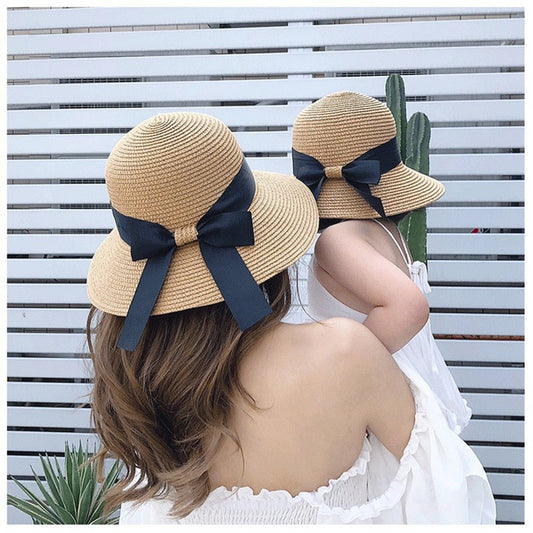 Unisex kids straw hat set, beige, for summer beach wear & sun protection. Family matching vacation style.