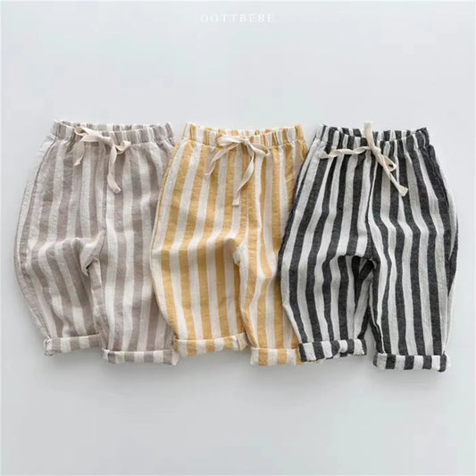 Unisex kids striped linen cotton pants, breathable for spring autumn, elastic waist for toddlers