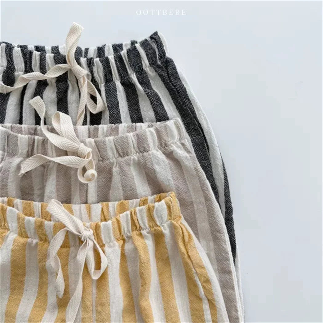Close-up of striped pattern on unisex linen cotton blend pants for baby fashion