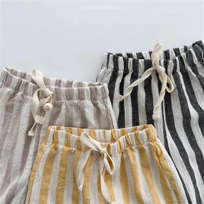 Striped linen cotton blend trousers for infants and toddlers with elastic waistband