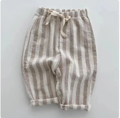 Casual striped linen cotton pants for kids, suitable for boys and girls, breathable fabric