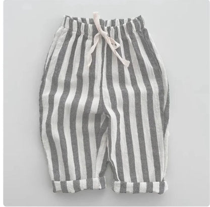 Lightweight striped linen cotton unisex trousers, ideal for active toddlers in spring
