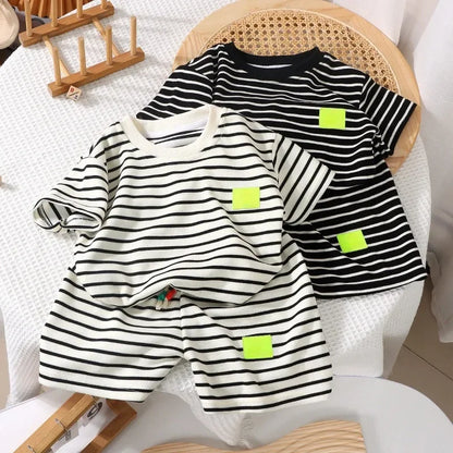 Unisex kids striped short sleeve shirt & shorts set in blue and white, perfect for summer playwear