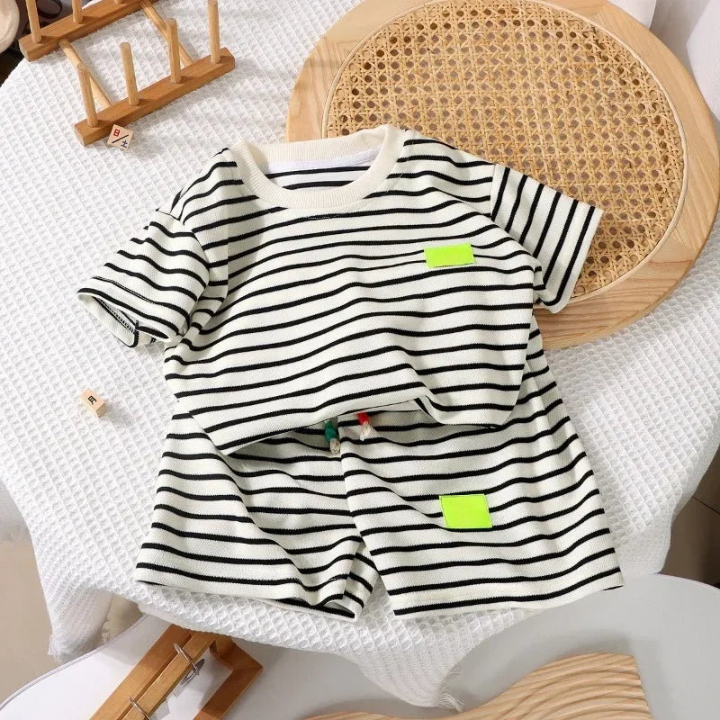 Toddler fashion summer outfit: striped short sleeve shirt and matching shorts for boys or girls