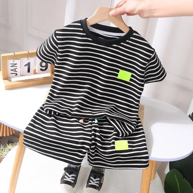Children's casual apparel: vibrant striped short sleeve shirt & shorts set, ideal for warm weather
