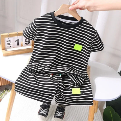 Children's casual apparel: vibrant striped short sleeve shirt & shorts set, ideal for warm weather