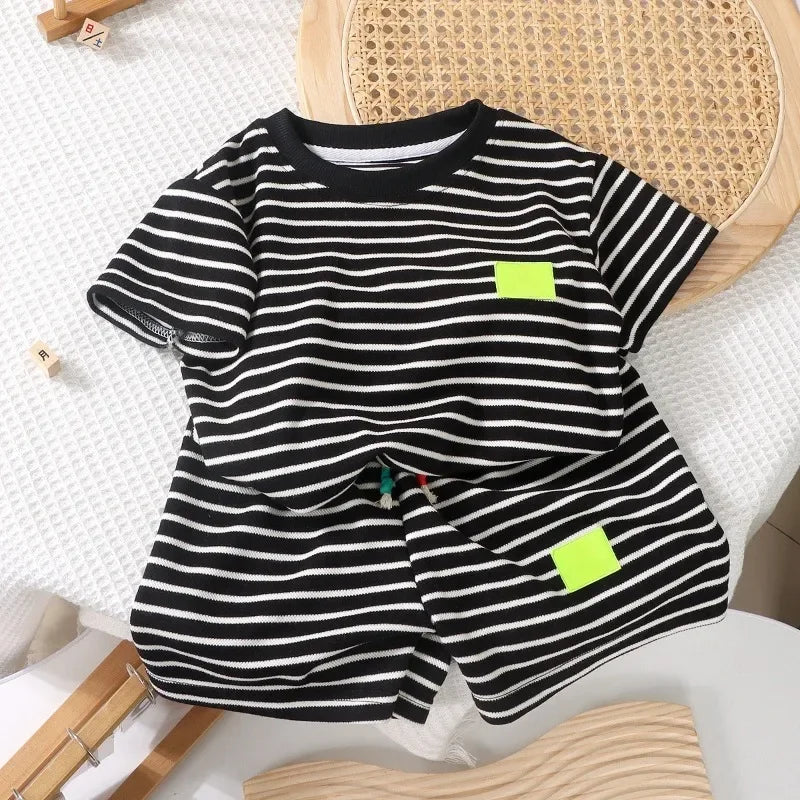 Kids summer clothes set with a comfortable striped short sleeve top and soft pull-on shorts