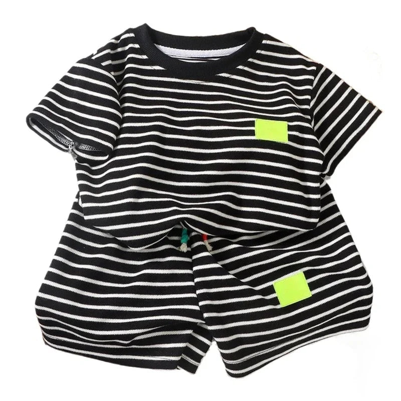 Cute kids' unisex outfit: striped short sleeve top & shorts set, great for everyday summer wear
