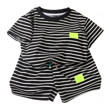 Cute kids' unisex outfit: striped short sleeve top & shorts set, great for everyday summer wear
