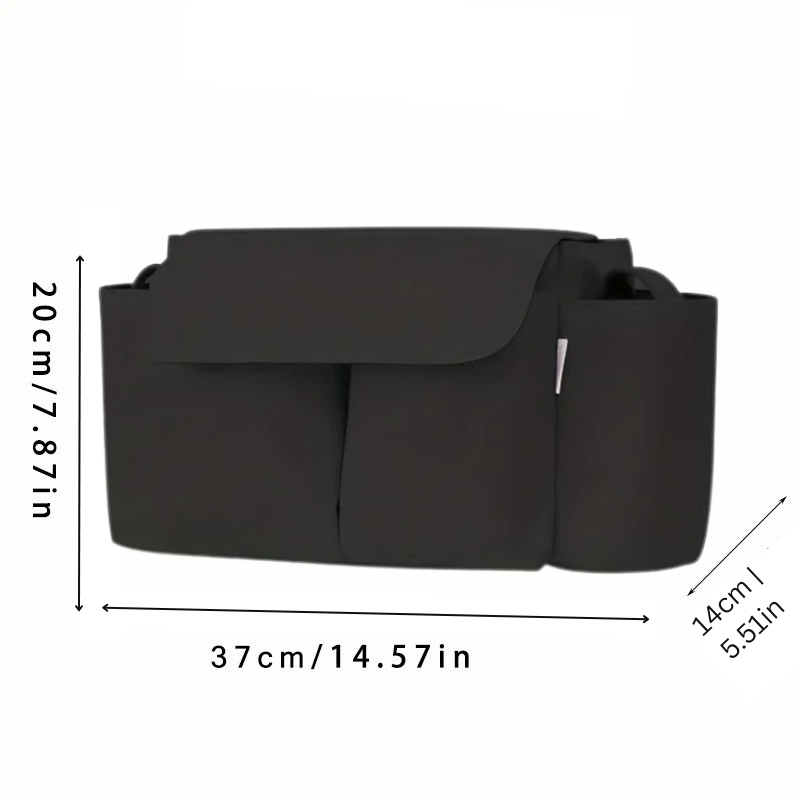 Black stroller organizer bag with multiple compartments, perfect for parents to store baby accessories