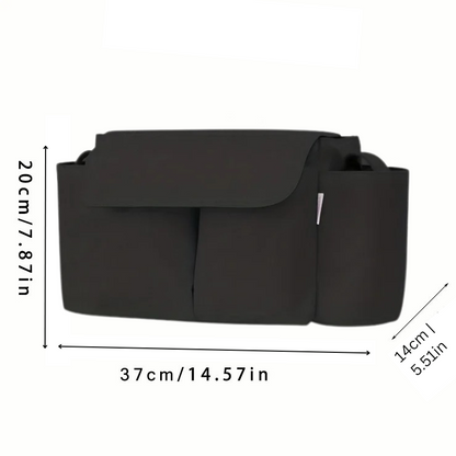 Black stroller organizer bag with multiple compartments, perfect for parents to store baby accessories