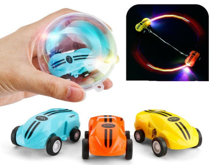 Unisex Kids Stunt RC Pocket Car with LED lights, performing a trick on an indoor surface.