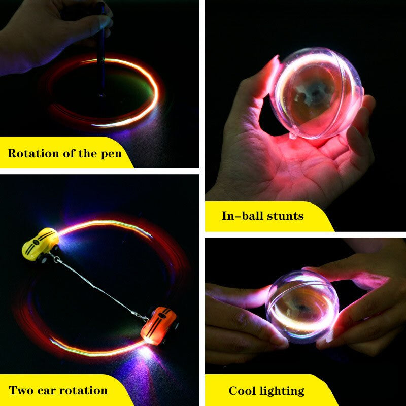 Pocket-sized stress relief fidget toy RC car, black, with cool LED lights from a top view.