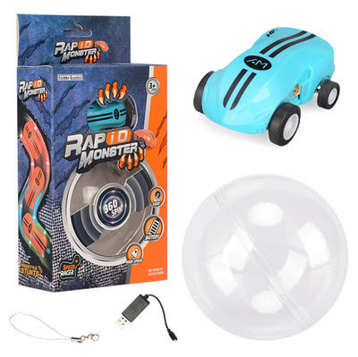 Durable kids toy stunt RC car, blue, showcasing its compact size and LED light features.