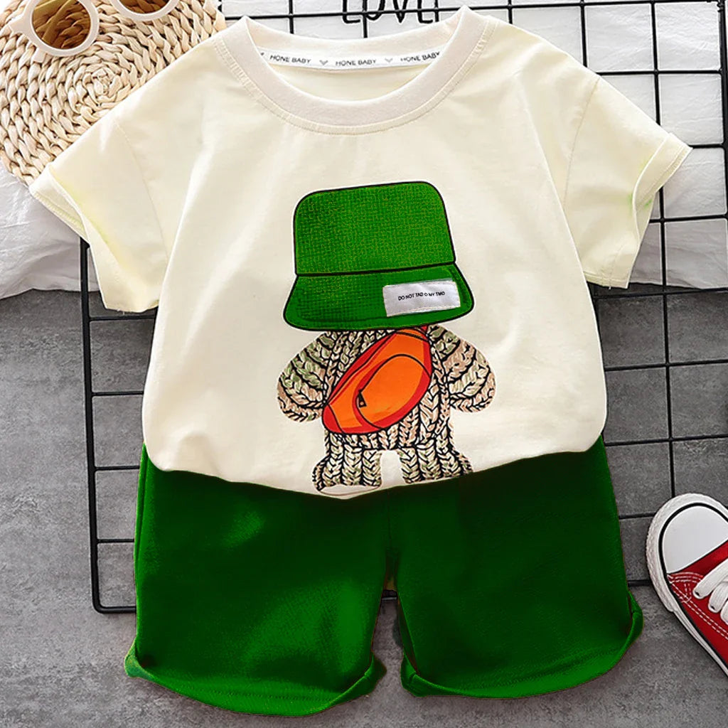 Unisex kids summer sport suit with bear print, perfect for toddler play clothes, cotton blend