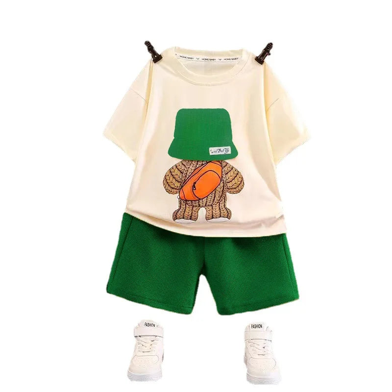 Casual unisex kids outfit, bear print t-shirt and shorts for summer play, and toddler wear
