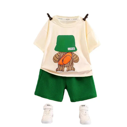 Casual unisex kids outfit, bear print t-shirt and shorts for summer play, and toddler wear