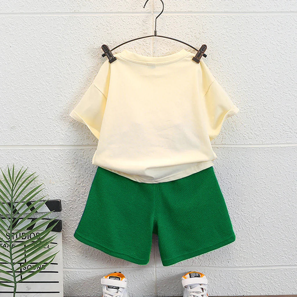 Kids boys sportswear summer outfit, bear print tee and shorts set for casual play cotton blend