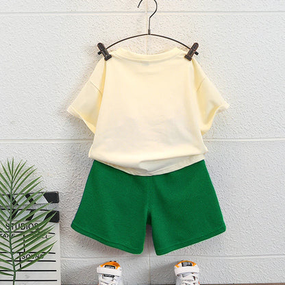 Kids boys sportswear summer outfit, bear print tee and shorts set for casual play cotton blend