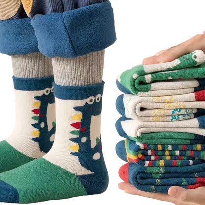 Kids winter apparel: collection of colorful thermal socks with fun animal designs