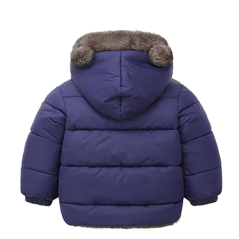 Side view of a pink thicken hooded winter jacket, practical and warm baby jacket