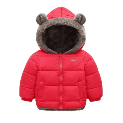 Unisex kids jacket with elastic cuffs, black hooded coat for winter protection