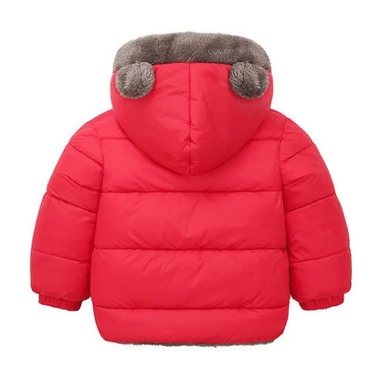 Close-up of the front pockets on a deepen hooded winter jacket, functional toddler outerwear