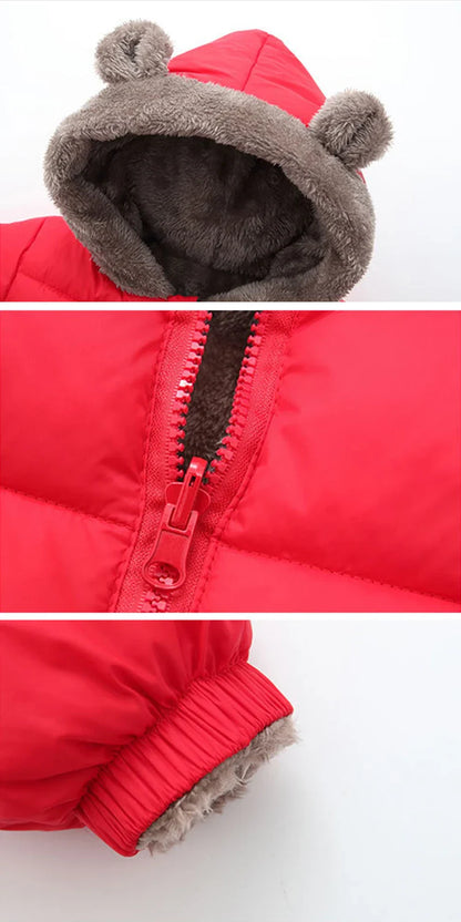 Thicken hooded winter jacket laid flat, displaying its warm insulation, baby outerwear