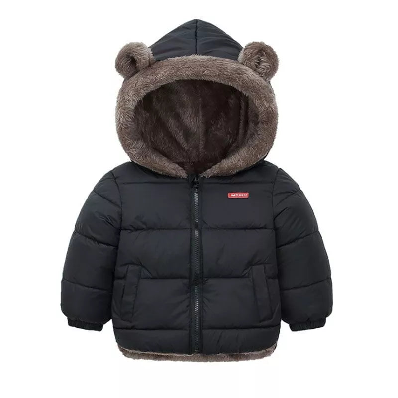 Close-up of a warm unisex kids hooded coat zipper, durable for winter outerwear