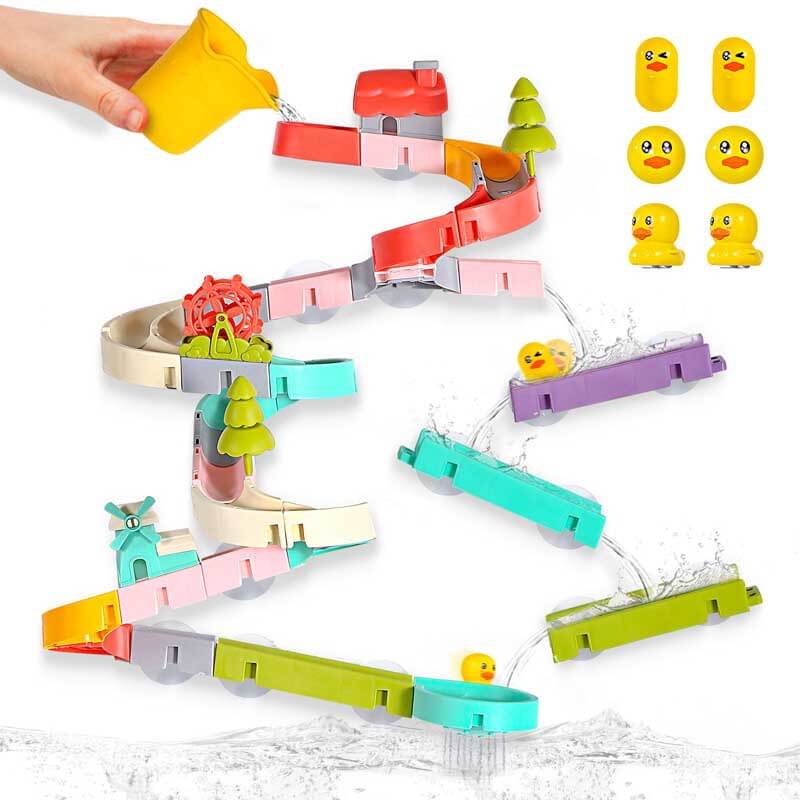 Unisex kids water slide bathtub toy set with cute ducks, suction cups for easy bath time play