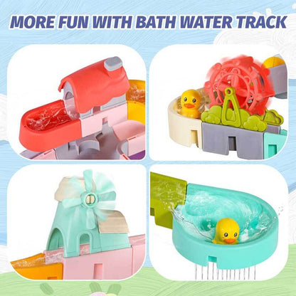 Toddler water slide bath toy featuring colorful track and small duck figures, adheres to tub with suction cups