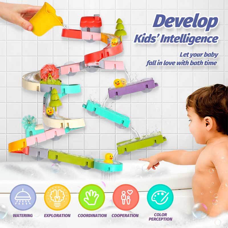 Educational kids bath toy, a water slide set with playful ducks for sensory development and fun