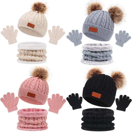 Unisex kids winter beanie hat, scarf, and gloves set in solid color, cozy acrylic knit for cold weather.