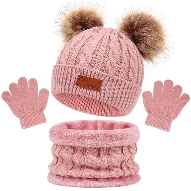 Unisex kids' winter warm beanie hat, with coordinating scarf and gloves.