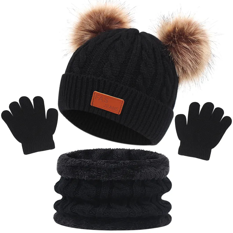 Children's winter hat, scarf, gloves kit, offering full coverage from the cold.