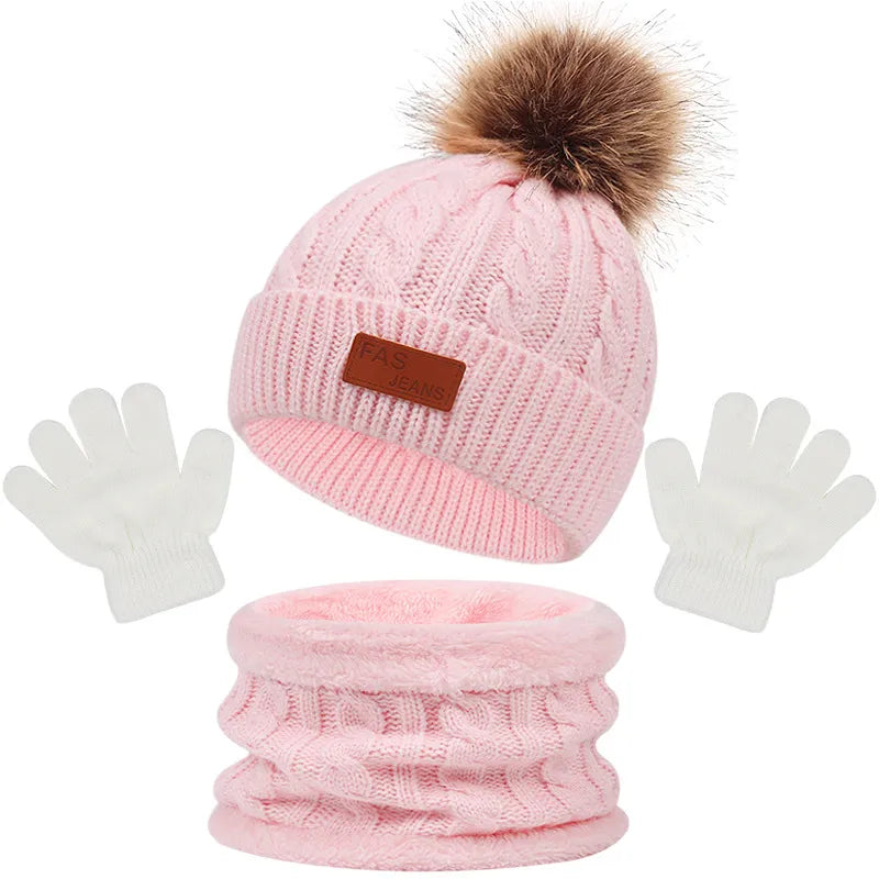 Knitted winter set for kids, portraying the soft and stretchable fabric of each piece.