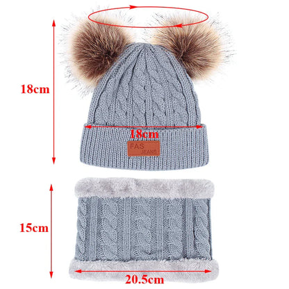 Toddler warm set: knitted beanie, matching scarf, and gloves, perfect for infant winter wear.