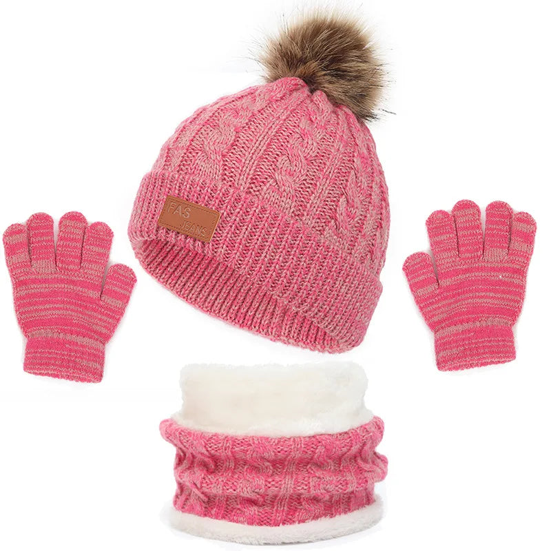 Solid color acrylic beanie, scarf, and gloves for kids, ideal for chilly days.